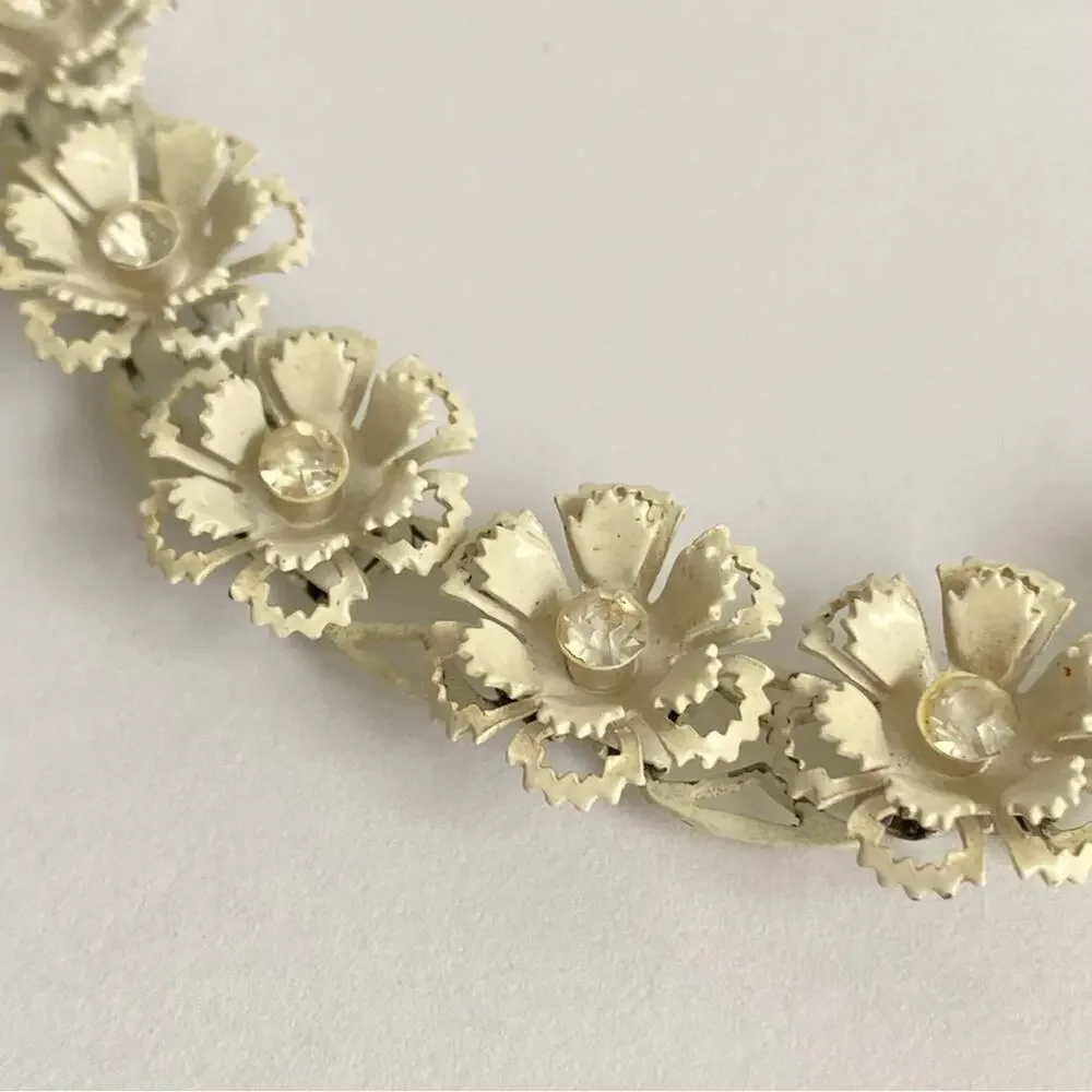 Vintage Floral Necklace Clear Rhinestone Flower Dainty Spring 50s Retro Feminine